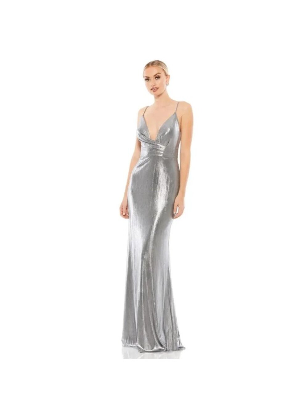 Mac Duggal 26408 Silver Gown Spaghetti Straps & Flowing Train Size 14 New Tags